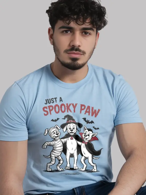 light blue lifestyle – Halloween party outfit with lightblue spooky dog Halloween t-shirt