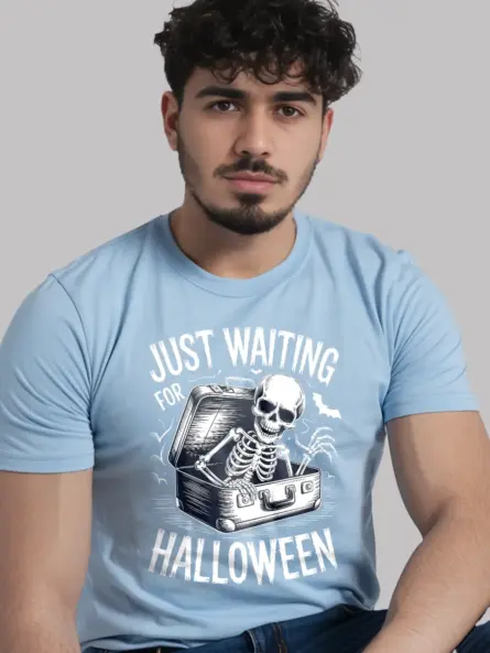 lifestyle – light blue Halloween skeleton graphic tee styled for fall