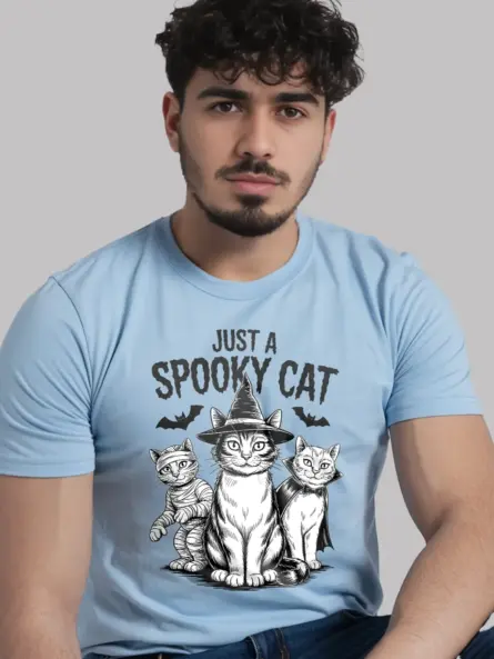 lifestyle – casual Halloween outfit with light blue spooky cat Halloween t-shirt