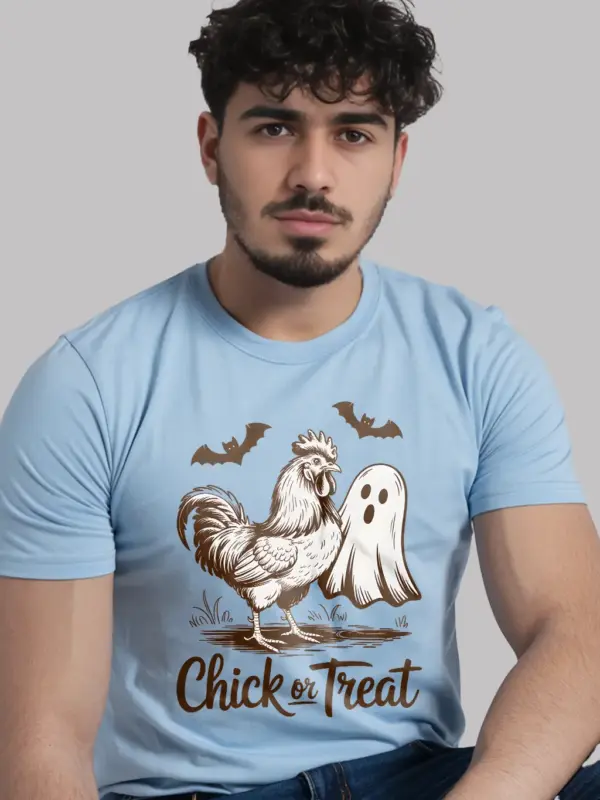 lifestyle – farm lover in light blue chicken ghost Halloween shirt