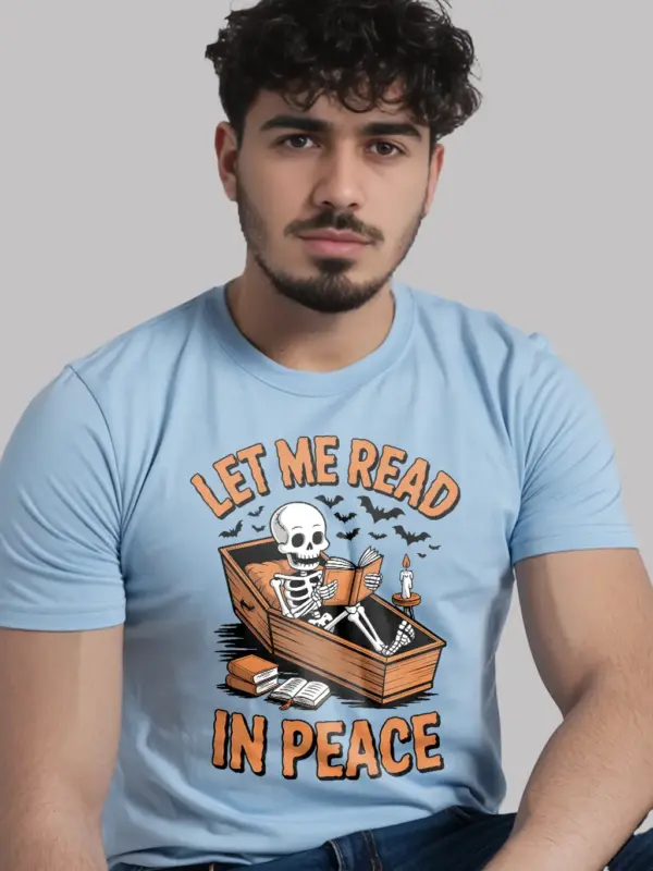 light blue shirt front – Halloween skeleton reader – skeleton reading t-shirt