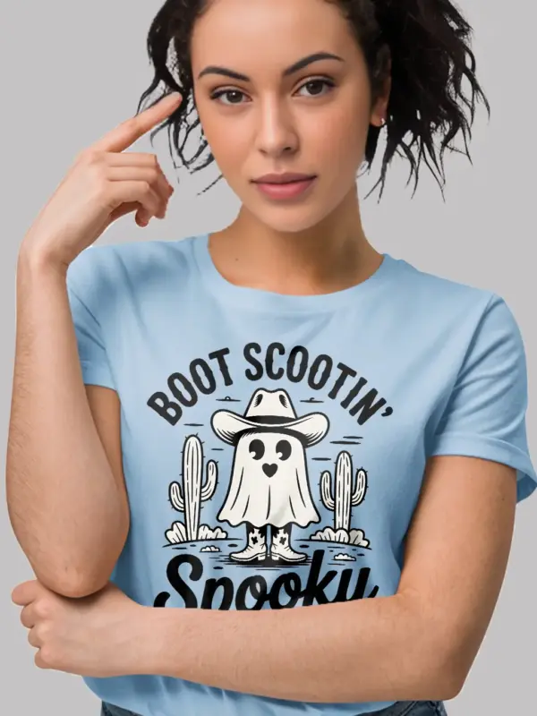 Light Blue front view – boot scootin spooky tee cowboy ghost Halloween blue