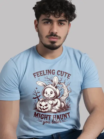 lifestyle – cozy fall look with cute bunny Halloween shirt light blue