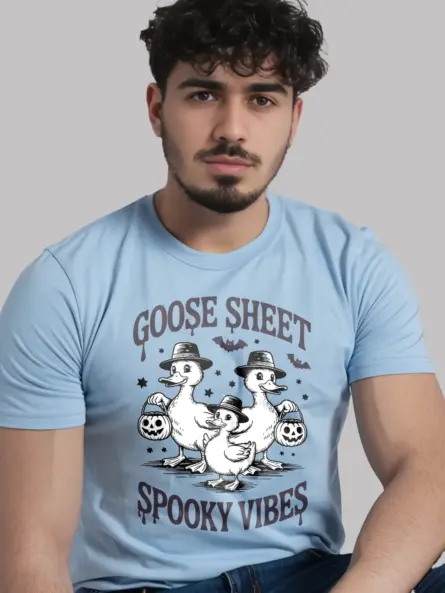 lifestyle – retro goose Halloween shirt light blue worn casually