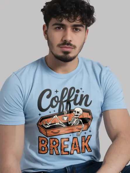 lifestyle – light blue Coffin Break shirt for spooky season