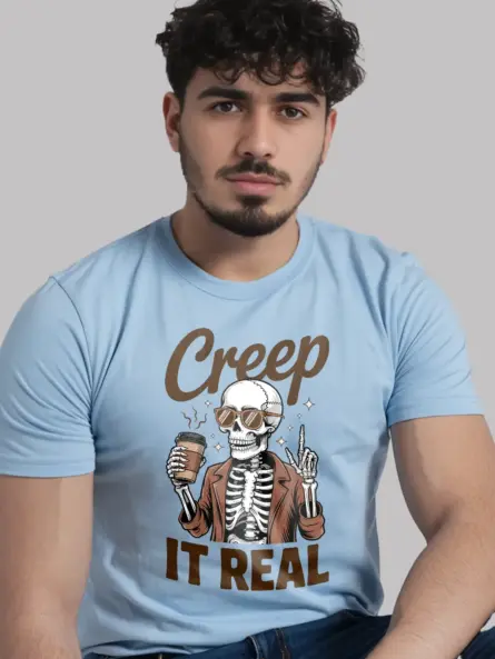 lifestyle – spooky coffee lover in light blue skeleton coffee shirt