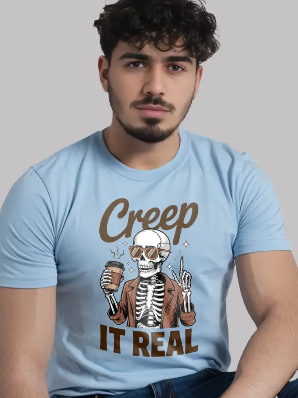 lifestyle – spooky coffee lover in light blue skeleton coffee shirt