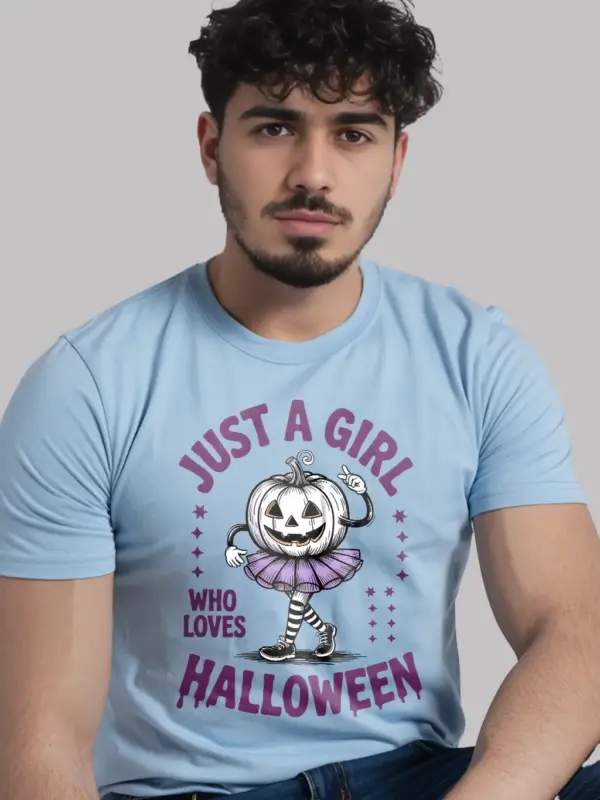 lifestyle – Halloween teen outfit with light blue cute pumpkin girl Halloween t-shirt