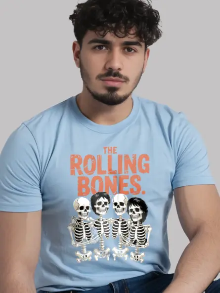lifestyle – casual Halloween outfit with light blue vintage Halloween rock band t-shirt