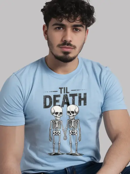 lifestyle – romantic gothic couple style with light blue skeleton couple t-shirt
