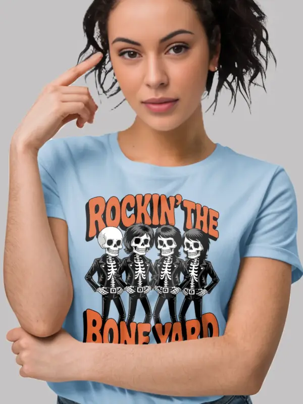 Shirt light blue – Rockin the Bone Yard Vintage Skeleton Rock Band T-Shirt
