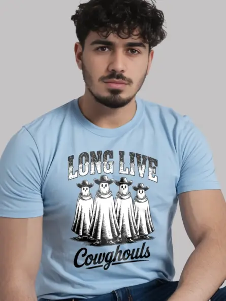 light blue lifestyle – casual country Halloween look western ghost cowboy t-shirt