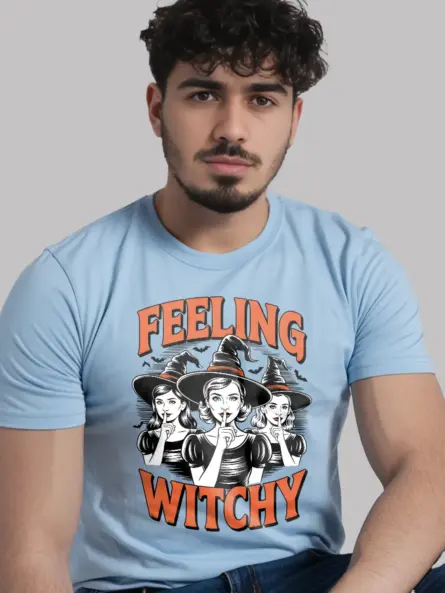 lifestyle – light blue retro Halloween witch shirt for millennial women