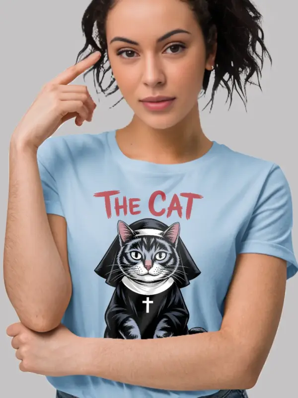 light blue front view – gothic feline habit design – gothic cat nun shirt