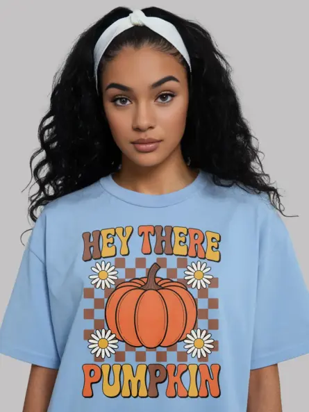 Hey There Pumpkin Shirt – Retro Fall Tee with Checkered & Daisy Design - Image 6
