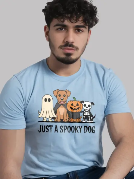 light blue Pumpkin Costume Dog Tee – spooky dog halloween t-shirt