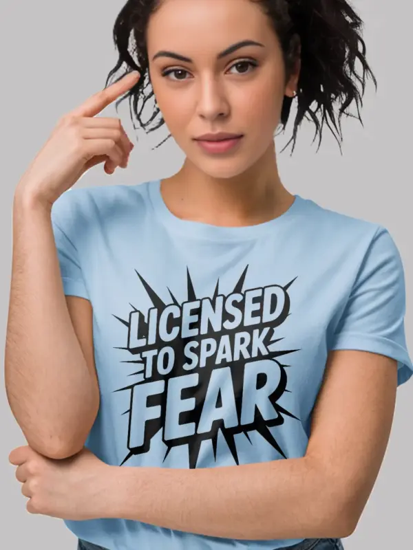Light Blue Shirt Front – Licensed to Spark Fear – Electrician Comic T-Shirt