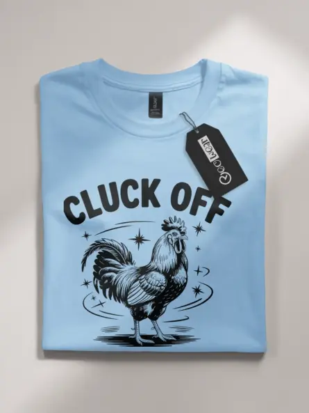 light blue front view vintage cluck off chicken shirt