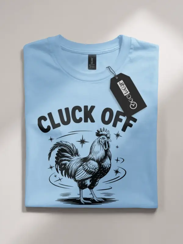 light blue front view vintage cluck off chicken shirt