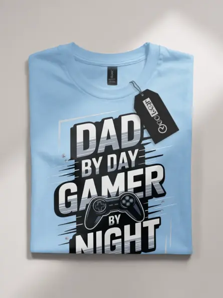 light blue front funny dad by day gamer by night t-shirt