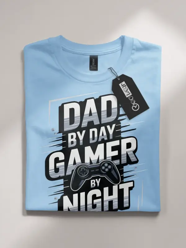 light blue front funny dad by day gamer by night t-shirt