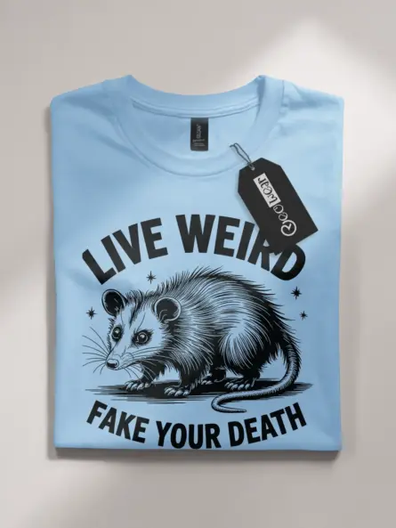 light blue front view live weird fake your death shirt weird animal graphic