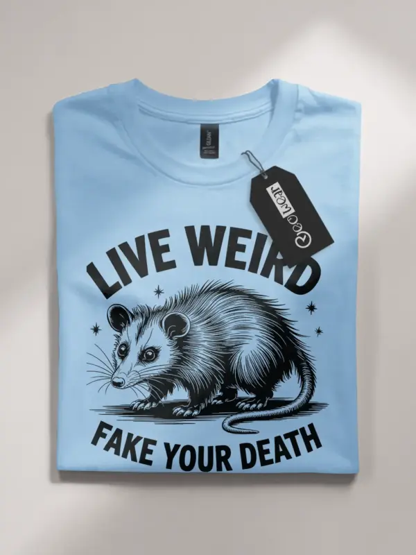 light blue front view live weird fake your death shirt weird animal graphic