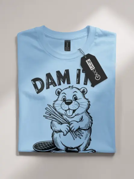 light blue shirt front with beaver illustration and dam it joke