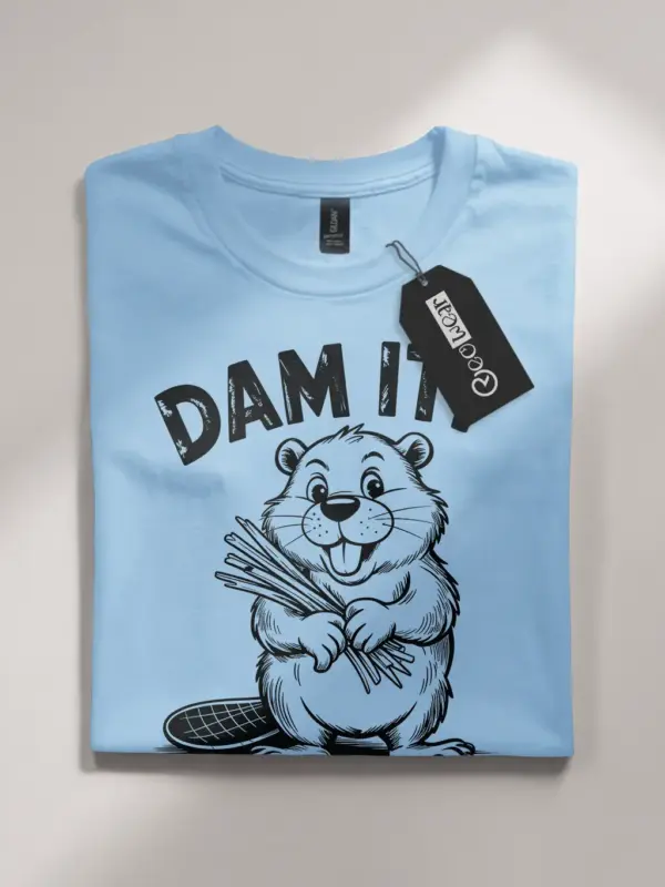 light blue shirt front with beaver illustration and dam it joke