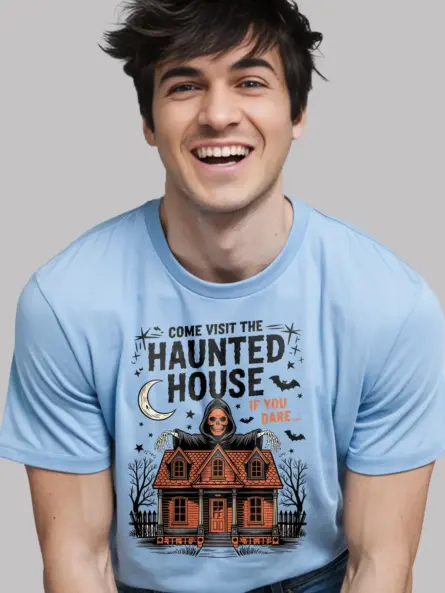 Light Blue spooky Victorian house light blue vintage haunted house t-shirt