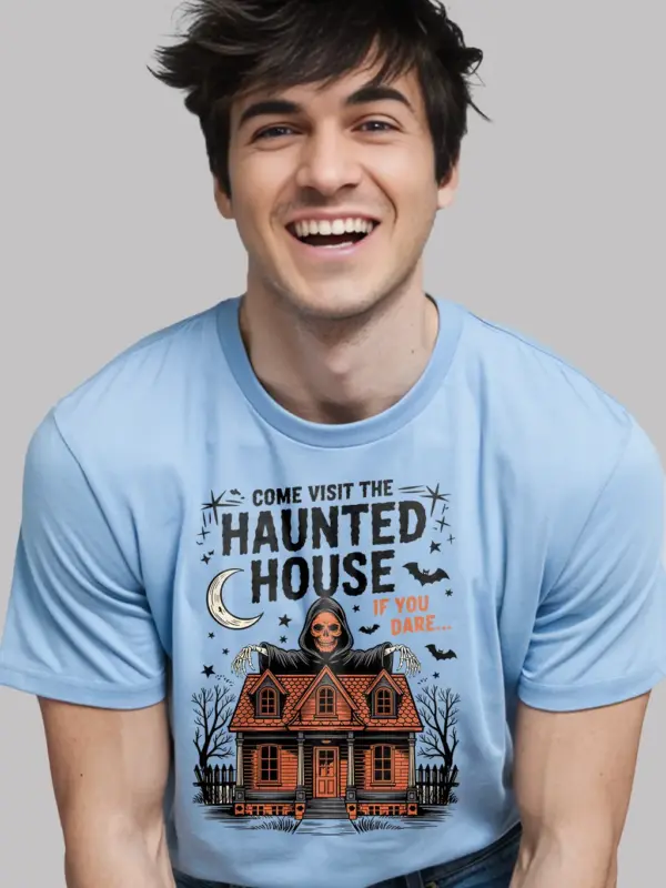 Light Blue spooky Victorian house light blue vintage haunted house t-shirt