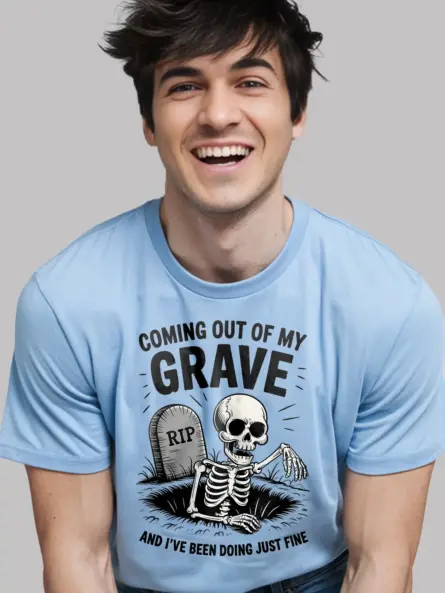 light blue funny skeleton grave t-shirt