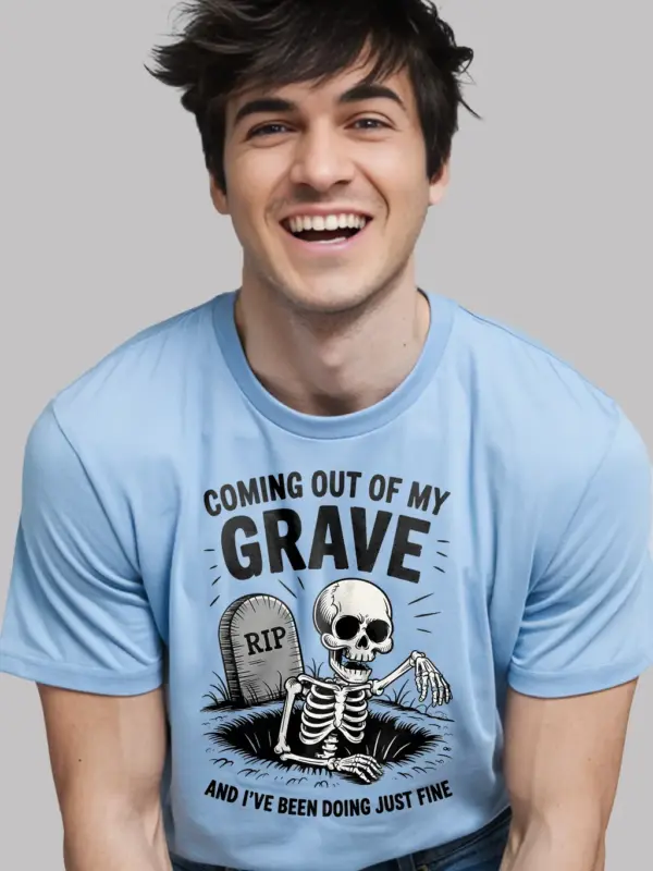 light blue funny skeleton grave t-shirt