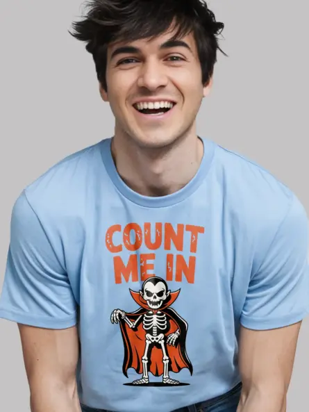 light blue Shirt Lifestyle Shot – Count Me In – funny vampire skeleton t-shirt