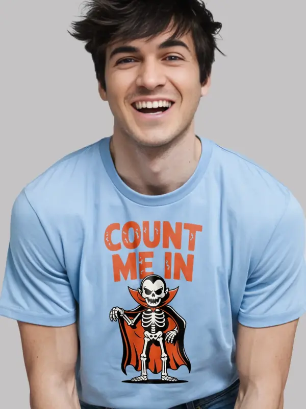 light blue Shirt Lifestyle Shot – Count Me In – funny vampire skeleton t-shirt