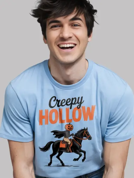 light blue spooky jack-o'-lantern rider shirt in fall setting