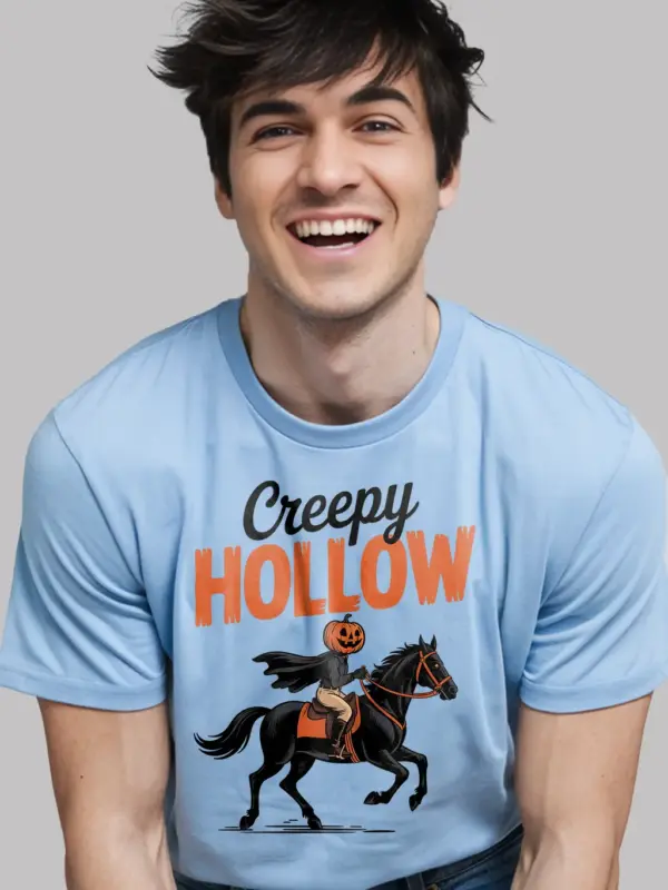 light blue spooky jack-o'-lantern rider shirt in fall setting