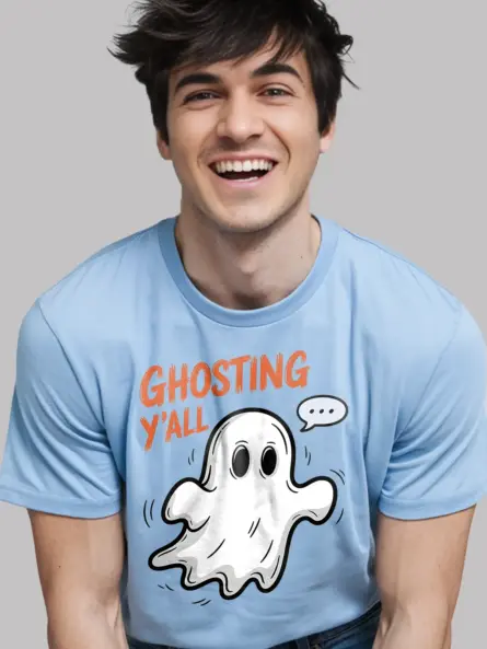 light blue lifestyle – Person wearing spooky ghosting t-shirt at fall event