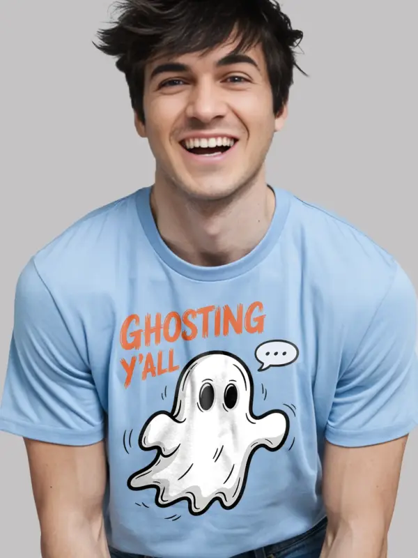 light blue lifestyle – Person wearing spooky ghosting t-shirt at fall event