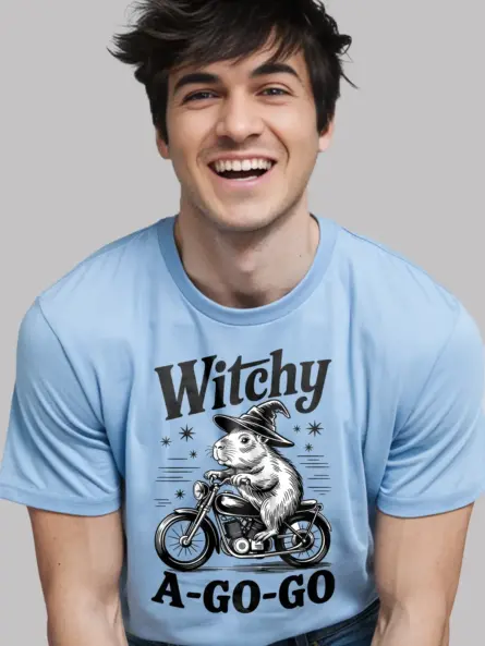 Light Blue front view – Witchy A Go Go witchy capybara t-shirt
