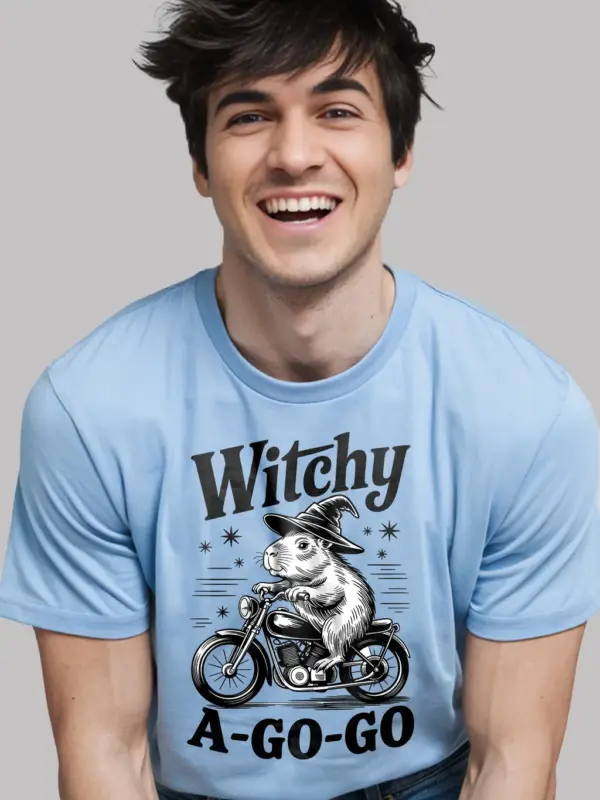 Light Blue front view – Witchy A Go Go witchy capybara t-shirt