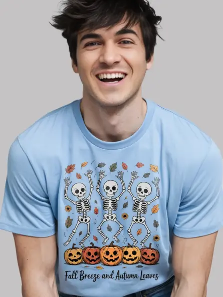 Whimsical Dancing Skeleton Fall Shirt – Cozy Autumn Leaves Tee - Image 6