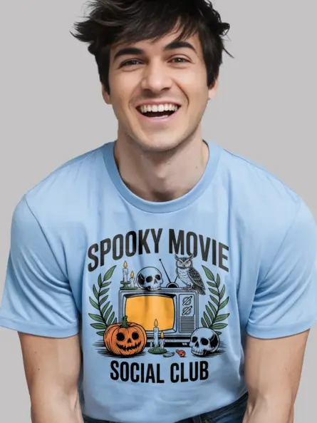 light blue spooky movie social club t-shirt – horror movie fan apparel