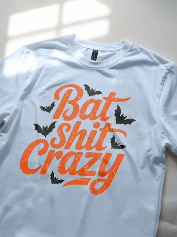light blue Shirt Lifestyle Shot – Bat Shit Crazy – funny bat Halloween t-shirt