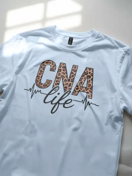 light blue cna life leopard print shirt lifestyle photo with nurse