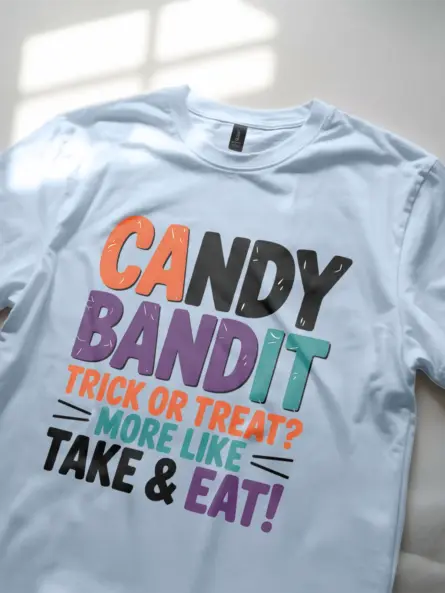 light blue Lifestyle Shot – Candy Bandit – candy bandit kids Halloween t-shirt