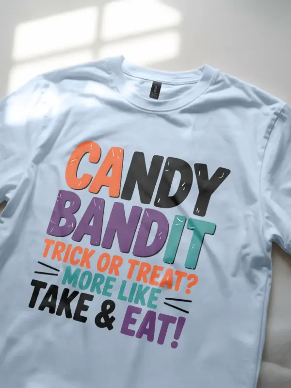 light blue Lifestyle Shot – Candy Bandit – candy bandit kids Halloween t-shirt