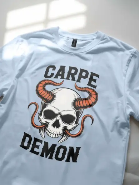 light blue Shirt Lifestyle Shot – Carpe Demon – carpe demon skull t-shirt