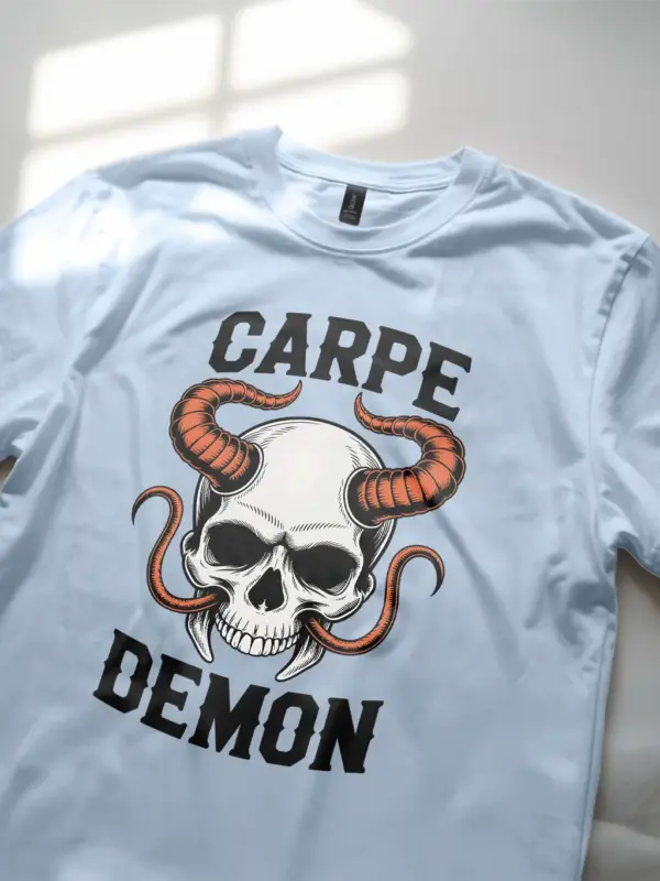 light blue Shirt Lifestyle Shot – Carpe Demon – carpe demon skull t-shirt