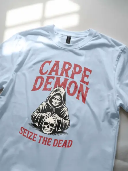 light blue Shirt Lifestyle Shot – Carpe Demon – carpe demon reaper t-shirt
